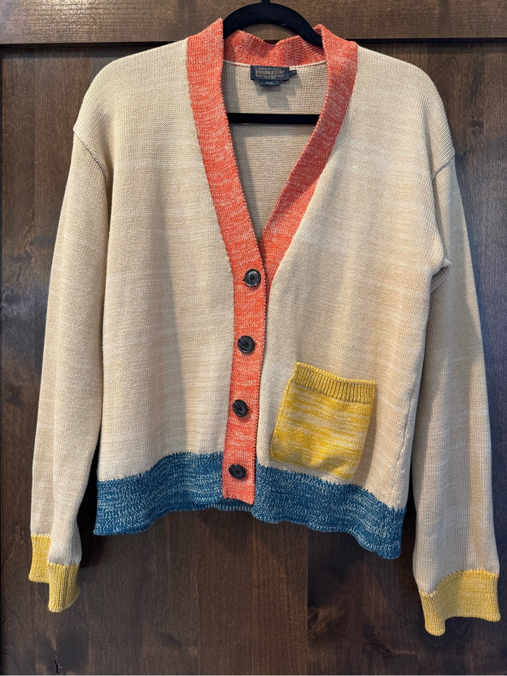 Pendleton Beige Cardigan with Coral Trim, Yellow Pocket and Blue Hem
